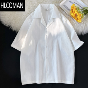 HLCOMAN褶皱冰丝衬衫男士短袖日系宽松古巴领衬衣夏季潮流设计感痞帅上衣
