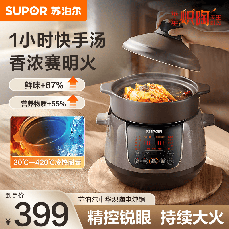 苏泊尔(SUPOR)电炖锅电炖盅煲汤锅炖汤锅煮粥锅 婴儿熬粥专用电煮锅 4L炽陶 TG40YC705