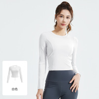 新款美背瑜伽服女褶皱修身健身上衣自带胸垫跑步运动长袖