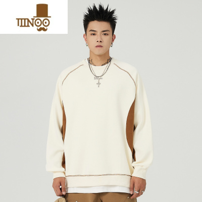 YANXU秋季圆领卫衣男日系拼接撞色潮牌宽松情侣百搭时尚套头长袖上衣男