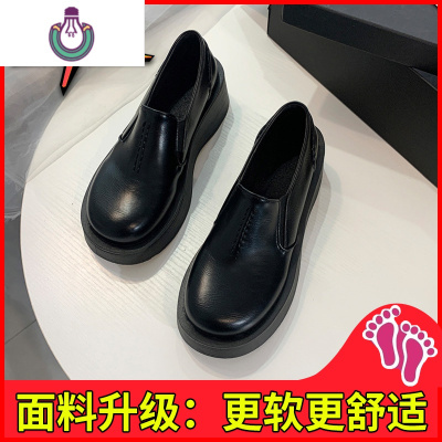 FISHBASKET黑色小皮鞋女2020秋季一脚蹬复古新款英伦风松糕厚底圆头舒适单鞋休闲鞋