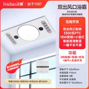 飞雕浴霸灯风暖排气扇照明一体暖风机吹风浴室卫生间集成吊顶取暖灯顶排气吸顶嵌入式