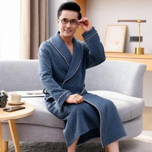 睡袍男士睡衣秋冬季加厚纯棉中老年爸爸夹棉夹层浴袍浴衣长款保暖