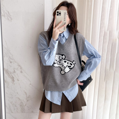 [清仓1折价39.9元,不叠加优惠券]秋唐狮冬女趣味动物图案V领套头马甲背心可爱减龄百搭韩系