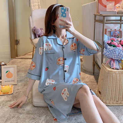 HLCOMAN网红睡衣女夏季冰丝雪纺中袖性感睡裙女士日系可爱宽松家居服小熊睡裙