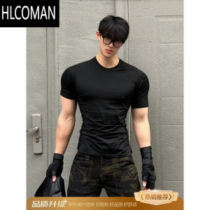 HLCOMAN黑色小领口正肩短袖男款夏季修身显肌肉t恤健身美式三分半袖