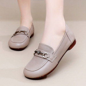 乐福鞋女鞋秋季新款真皮方头金属扣浅口平底鞋舒适复古豆豆鞋