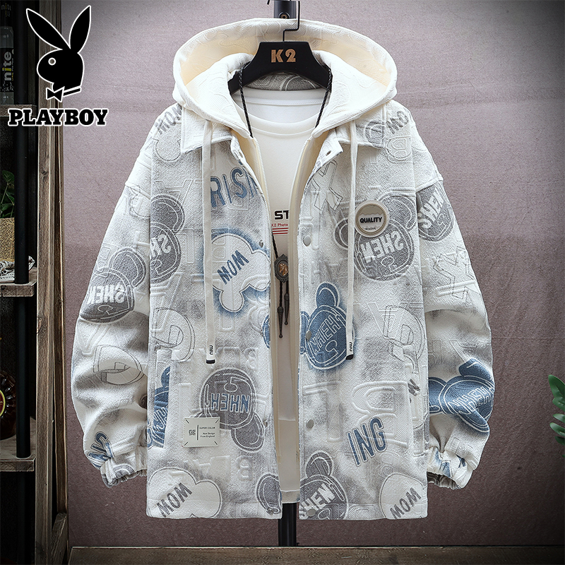 花花公子假两件连帽外套男生春秋夹克青少年潮流加厚工装褂子上衣