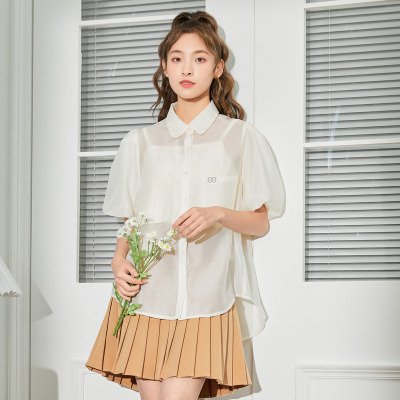 [3件8.5折50.9元,叠加优惠券]唐狮夏季新款女薄纱灯笼袖短袖衬衫简约甜美小清新上衣