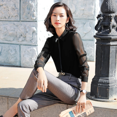 Mrfemale/女先生女士衬衫2019春款气质OL韩版时尚雪纺拼接黑色衬衫休闲宽松长袖衬衣女职业透视袖上衣