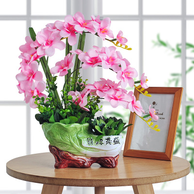 仿真花假花仿真绿植物盆栽塑料摆设客厅电视柜茶几装饰品-财源茂盛苍兰浅粉