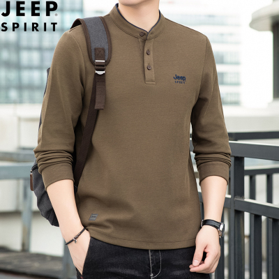 JEEP SPIRIT圆领带扣时尚卫衣男士春秋宽松大码男装长袖T恤打底衫