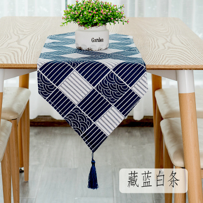 餐桌桌旗北欧现代简约家用欧式茶几桌旗轻奢民宿床旗电视柜长桌旗 藏蓝白条 30*100cm(适合60cm左右小桌或柜子)