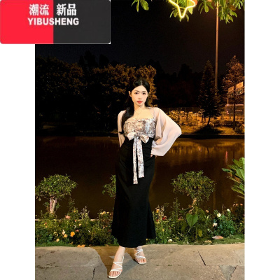 YIBUSHENG温与柔[唐宫]碎花吊带裙女微胖性感显瘦收腰新中式长款连衣裙