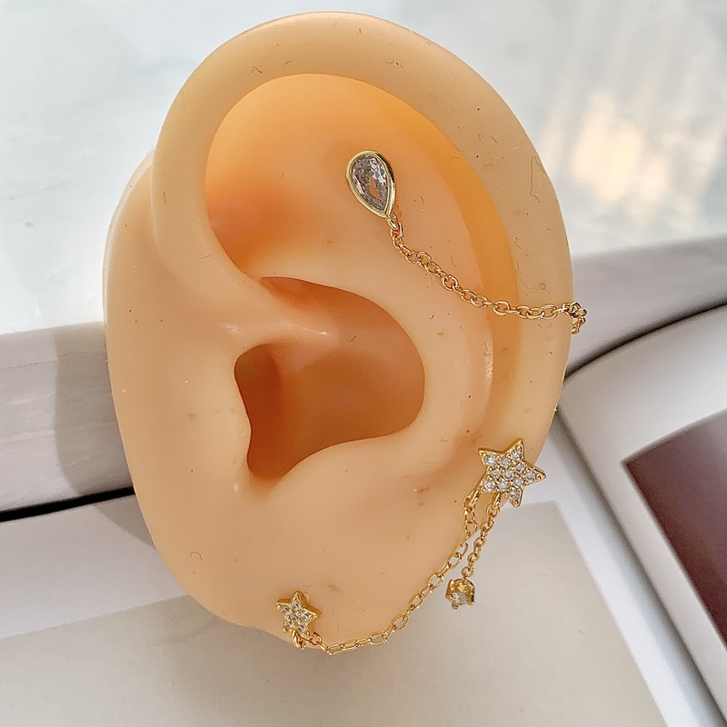 925银中长款链条镶钻星星水滴耳骨钉耳钉日韩精致送女朋友老婆情人节七夕生日礼物