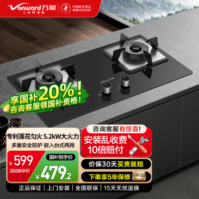 万和 燃气灶5.2kW大火力一级能效玻璃嵌入式台式两用灶具 易清洁灶具JZT-B9L50(天然气)