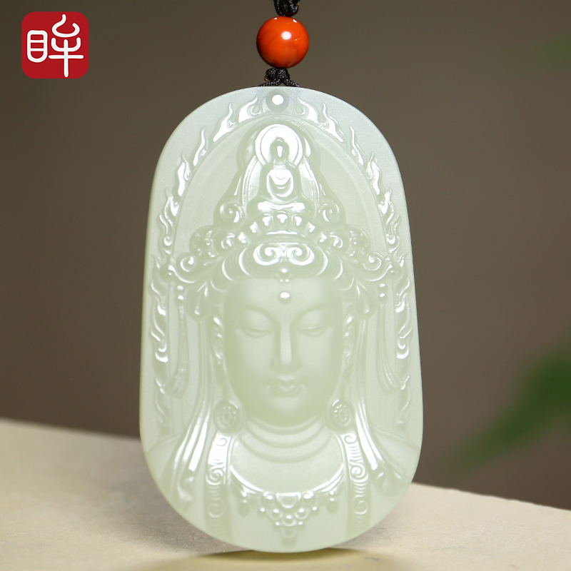 印象眸 和田玉观音吊坠 浅青玉湖水绿观世音菩萨男款玉石挂件 附送