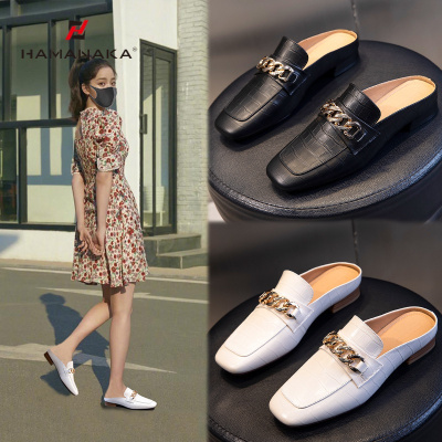 HAMANAKA头层牛皮半托鞋女夏季2021新款平底休闲包头牛皮女鞋仙女风鞋子女潮