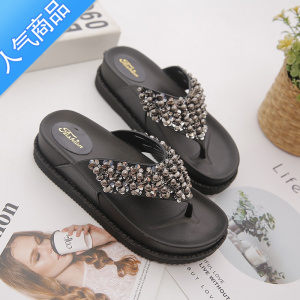 SUNTEK松糕厚底水钻女鞋拖鞋女夏时尚外穿2021新款韩版凉拖鞋女人字拖鞋