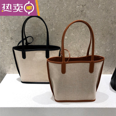 NEWLAKE包包2021新款韩国ins拼接麻料手拎子母包手提单肩敞口女包购物袋手提包