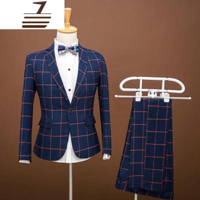 NEWLAKE格子西服套装男韩版修身歌手演出服影楼帅气礼服青年舞台主持西装