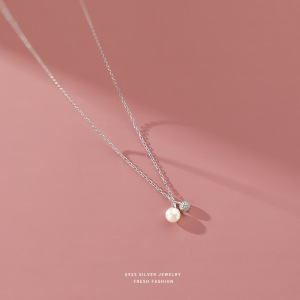 S925纯银樱桃淡水珍珠项链轻奢简约小众设计轻奢感珍珠锁骨链批发送女朋友老婆情人节七夕生日礼物 4MM/白金色
