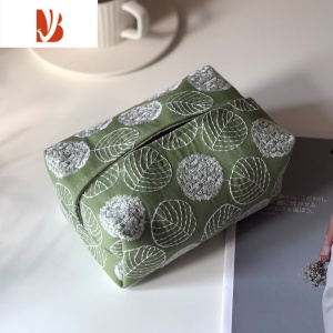 三维工匠日系铃鼓纸巾盒刺绣棉麻ins风 布艺纸巾套纸巾袋小黄花雏菊皆川明 叶脉-绿色