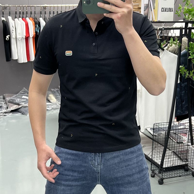 男装夏季新款翻领黑色刺绣潮牌POLO衫短袖体恤修身珠地棉T恤上衣