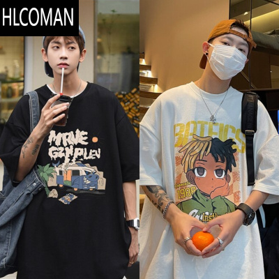 HLCOMAN加肥加大短袖T恤男2023新款潮牌五分袖大码300斤宽松半袖