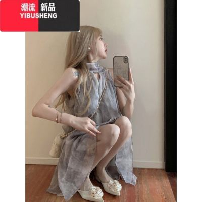 YIBUSHENG温柔风无袖挂脖连衣裙女季2024新款宽松时尚印花国风A字短裙子