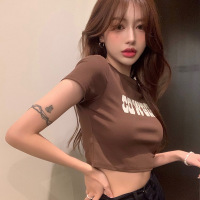 美式复古辣妹短袖T恤女年夏季修身显瘦高腰露脐短款上衣ins潮