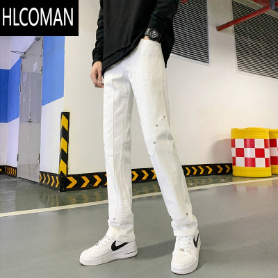 HLCOMAN牛仔裤男白色裤子男裤美式直筒裤子男生宽松休闲潮流男士长裤
