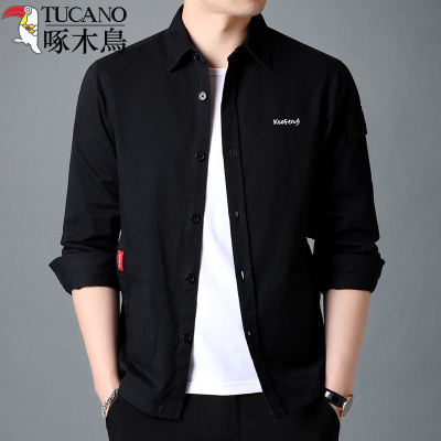 啄木鸟衬衫男士纯棉宽松长袖衬衫春季工装寸衫中青年休闲商务外套