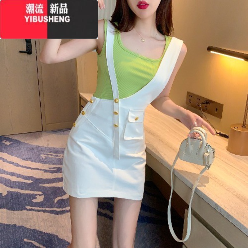 YIBUSHENG设计感小众春洋气减龄高腰显瘦白色阔腿裤子牛仔背带裙女休闲裤