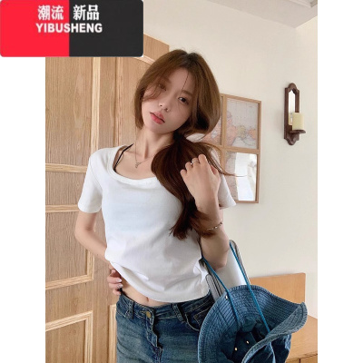 YIBUSHENG辣妹短款上衣女季设计感小众修身显瘦正肩灰色u领T恤