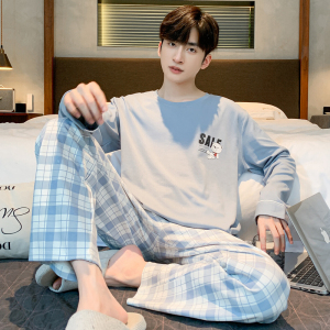 啄木鸟纯棉睡衣男士春秋季长袖长裤简约可外穿全棉家居服套装