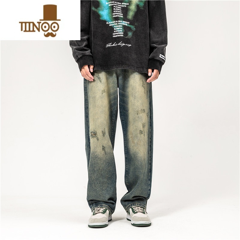 YANXU美式街头复古做旧水洗纹直筒痞帅牛仔裤男女潮牌嘻哈百搭长裤