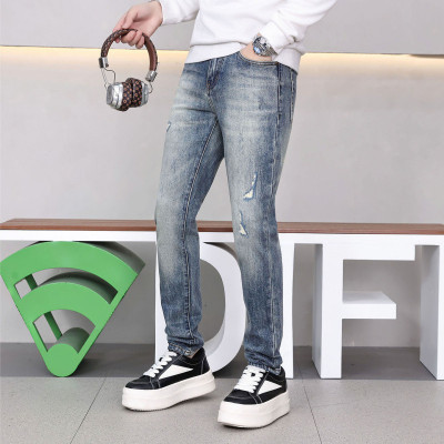 JEEP SPIRIT男秋冬新款牛仔裤男破洞欧货修身小脚裤蓝色裤子男裤子