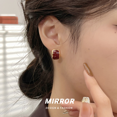 925银针复古酒红色滴油耳钉女耳环耳饰春夏时尚高级感气质送女朋友老婆情人节七夕生日礼物