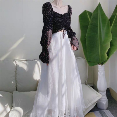 超仙女半身裙大摆长裙纱裙双层温柔飘逸垂感显瘦波浪边松紧腰名瑞德