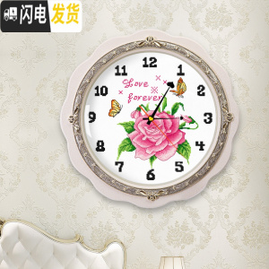 三维工匠十字绣小件钟表玫瑰花餐厅挂钟花卉手工简约现代2019 [生态棉3股线绣][尺寸40*40厘米][无机芯]送工具包