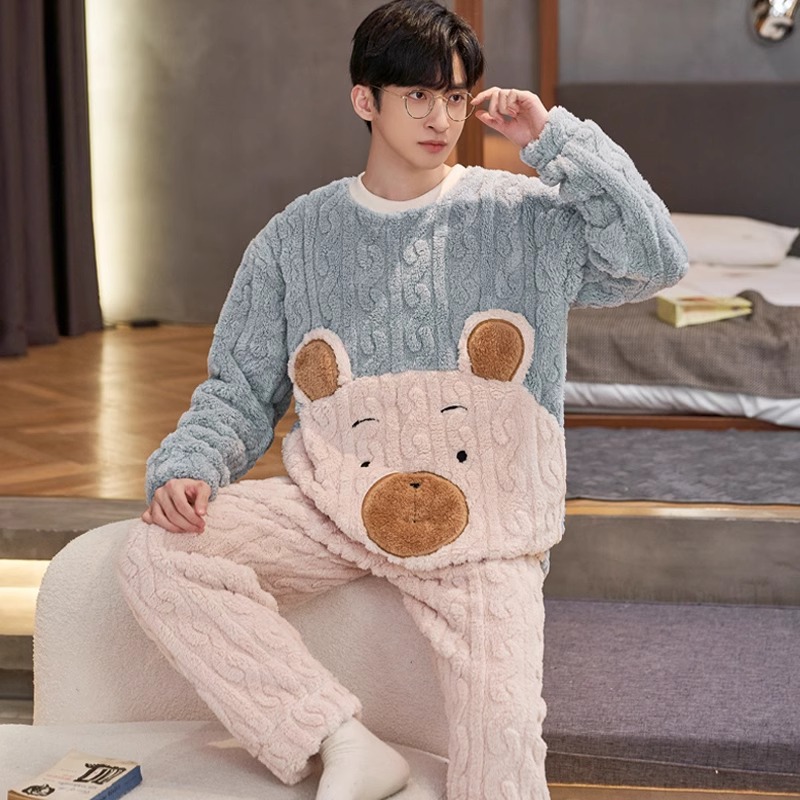 浪莎男士珊瑚绒睡衣秋冬季2024新款长袖加厚保暖内衣套装家居服