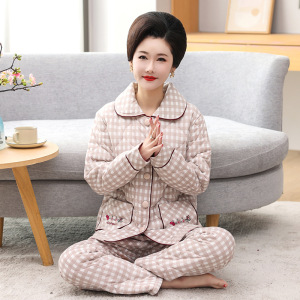 夹棉棉中老年中年外穿季加厚三层保暖妈妈宽松套装家居服睡衣女冬
