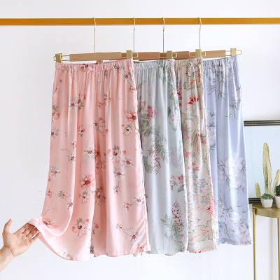 SUNTEK棉绸七分裤女夏棉睡裤阔腿薄款宽松休闲印花空调裤人造棉家居裤