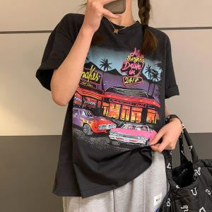 复古印花夏季宽松短袖T恤女早春韩版大码打底衫上衣女装