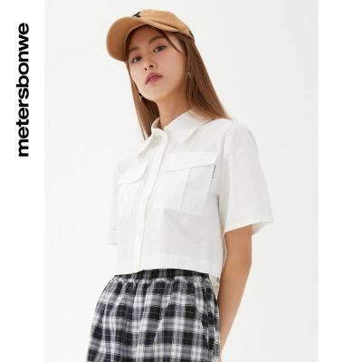 [1件5折价:95]美特斯邦威短袖衬衫女夏季时尚V领小众设计感短款上衣女