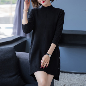 新款春秋装新款专柜品牌羊绒衫女大码羊毛衫女山羊绒衫中长款连衣裙套头毛衣女系带修身显瘦针织衫打底衫女大码女装