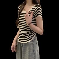 夏季新款不规则方领条纹甜辣风显瘦遮肚短袖T恤针织衫上衣女