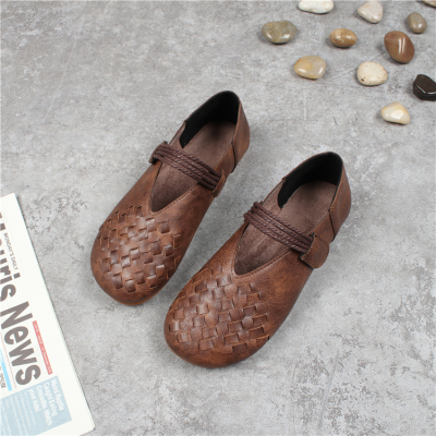 林先森春秋新款文艺复古单鞋平底编织圆头浅口奶奶鞋百搭软底一字带女鞋休闲鞋