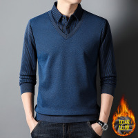 秋冬男士加绒加厚衬衫领假两件毛衣针织衫男爸爸装中老年打底衫男